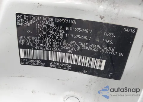 2016 Toyota Rav4 Le из США, поврежденный, VIN JTMBFREV8GJ085836